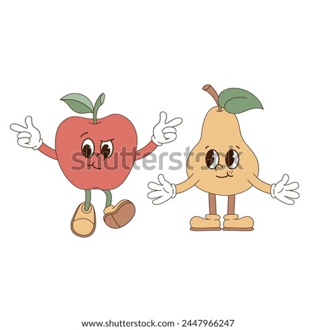 Cute cartoon mascot character garden fruit apple pear vector illustration set isolated on white. Retro groovy natural organic healthy food vegetables fruit print poster postcard design. Hand drawn