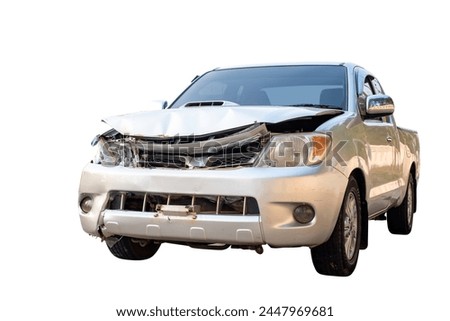 Front of gray or bronze pikup car get damaged by accident on the road. damaged cars after collision. isolated on white background with clipping path Royalty-Free Stock Photo #2447969681