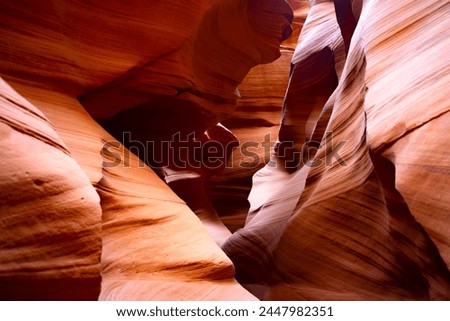 Antelope canyon in Arizona, USA is a natural wonder, magic place and tourist attraction formed by the power of erosion. Red-orange sandstone washed out by water in colorul shapes illuminated by sun. Royalty-Free Stock Photo #2447982351