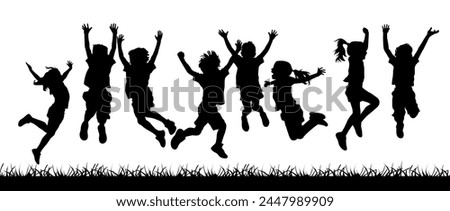 Many kid jumping cheerfully on grass, kids Jumping Silhouette Vector, silhouette of children playing