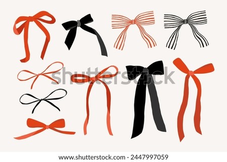 Various colorful Bow knots elements, gift bows. Hand drawn trendy Vector illustration. Wedding celebration, holiday, party birthday decoration, gift, present concept. 
