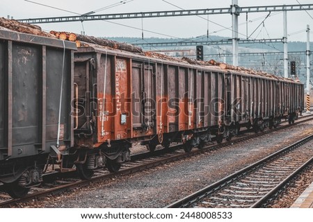 Timber on the freight train. Transportation and sustainable development theme. Spring foggy morning at the train station. Rail transport. Wagons laden with wood. Royalty-Free Stock Photo #2448008533