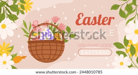 Easter sale horizontal background template for promotion. Design with painted eggs in basket, butterfly and flowers on both sides Royalty-Free Stock Photo #2448010785