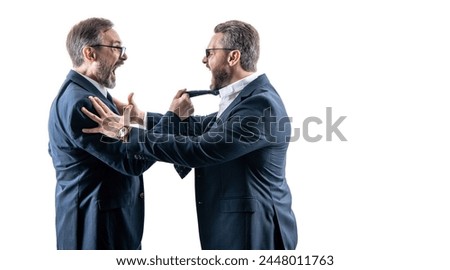 men having conflict. threatening business reputation. rival company threatening. businessmen threaten business men isolated on white. businessmen threaten business model. banner Royalty-Free Stock Photo #2448011763