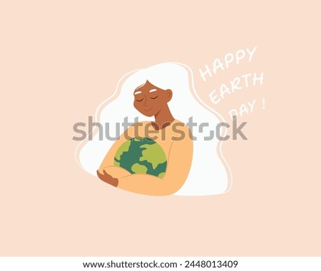 African woman holding globe, Earth like a baby. Happy Earth day. Save the environment. Climate change.Our planet. Modern vector illustration cartoon flat style