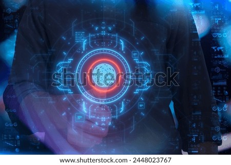 Man touching holographic screen with fingerprint scanning system. Concept of data protection technology, authorized access, global network security, high level payment security and network protection.