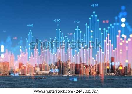New York City skyline overlaid with glowing financial charts, photo manipulation on a riverside and skyline background, finance and future concept. Double exposure