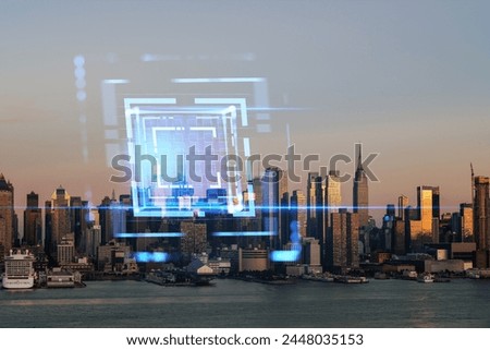 New York City skyline with digital hologram overlay, photo-realistic style, during dusk. Technology and security concept. Double exposure