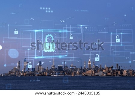 New York skyline with digital hologram of security padlocks, at dusk. Digital art concept on cityscape background with water body in the foreground. Double exposure