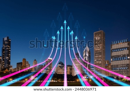 Cityscape at night with overlaid holographic arrows pointing upwards, vibrant digital art on an urban background. Double exposure