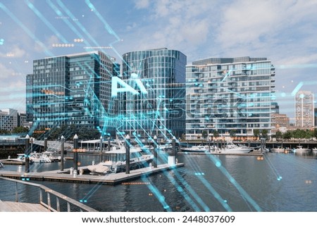 Cityscape with futuristic holographic overlays, blue and cyan tones, marina with boats, and modern buildings. Digital composite concept. Double exposure