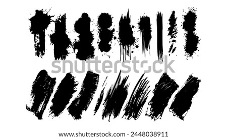 Grunge black brush strokes vector set illustration. Art paintbrush art and textured abstract design. Collection element pattern spray and distress sketch stroke