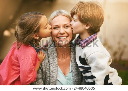 Mother, children and kiss with smile in portrait for mothers day with family for love. Mom, kids and happiness with single parent with child development in backyard with hug, together and siblings