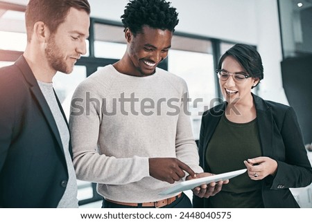 Tablet, employees and talk on sales in office, website and research for planning online. Business people, teamwork and support on feedback for kpi target, report and speaking for unity on idea Royalty-Free Stock Photo #2448040575