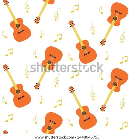 Vector seamless pattern guitar and notes, musical instrument, notes, guitar pattern