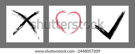 The cross, heart and OK symbol are hand-drawn with a brush. Prohibition, denial, error. Love. Approval, consent. Vector, set of 3 characters