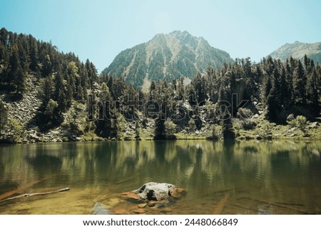 Lake surrounded by trees with a mountain in the background