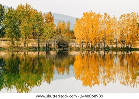 Fall scene at Frenchtown Lake with tree reflections in water