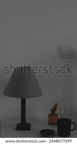 A close up of the wall in an apartment with a light switch, a lamp and some objects on top, minimalistic interior design photography in grey tones and low key lighting, white walls, photorealism