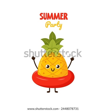Summer poster with cute funny pineapple character. Cute hand drawn poster with fruit on seaside holiday. Summer Party Card pineapple with inflatable ring