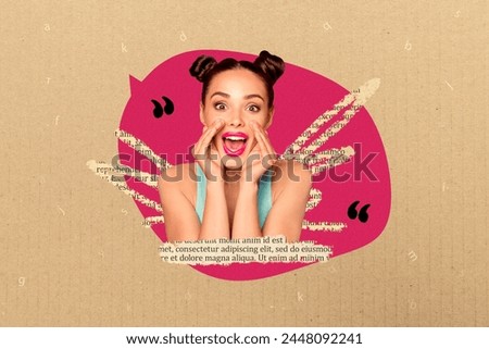 Composite collage picture image of female share cover mouth speech bubble communication concept fantasy billboard comics zine minimal