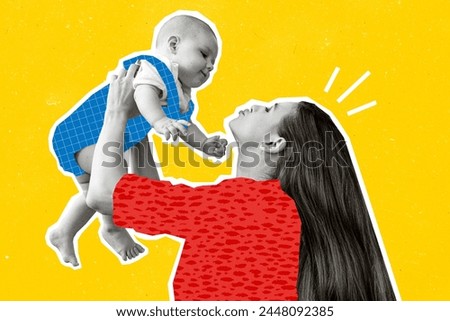 Collage 3d image of pinup pop retro sketch of happy young mother hold little child baby enjoy motherhood play weird freak bizarre unusual Royalty-Free Stock Photo #2448092385