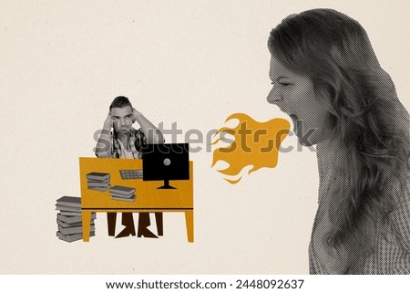 Composite photo collage of angry bossy girl scream clerk guy closed ears table monitor workplace book isolated on painted background