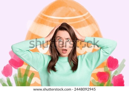Composite photo collage of shocked confused girl easter egg holiday preparations spring tulip flower bloom isolated on painted background