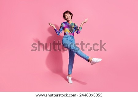 Full size photo of nice young woman enjoy clubbing wear pullover isolated on pink color background
