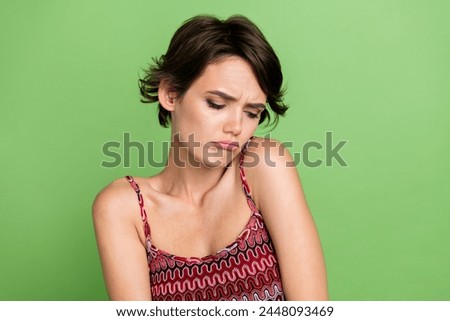 Photo of dissapointed lovely cute woman wear stylish clothes bad mood isolated on green color background Royalty-Free Stock Photo #2448093469