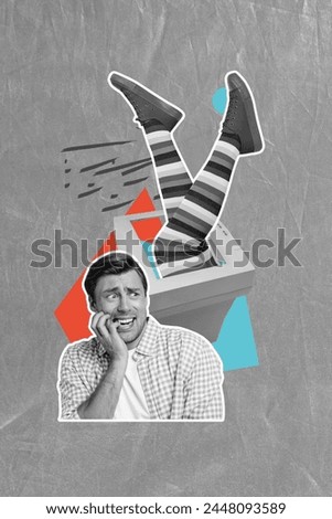 Vertical photo collage of scared man bite fingers human legs inside computer monitor dependence technology isolated on painted background