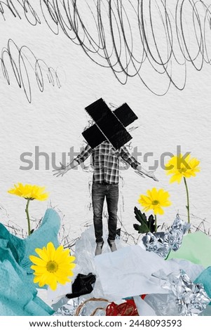 Trend composite artwork 3d collage of black white silhouette young headless guy cross instead stand in trash plastic with nature flovers