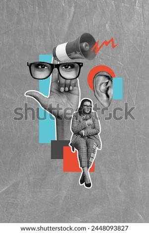 Vertical image collage of scared businesswoman hold ipad boss spy ear control pressure abuse loudspeaker isolated on painted background