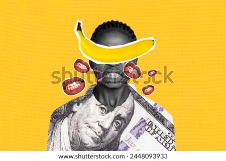 Sketch image composite artwork 3D photo collage of faceless angry lady banana instead eyes talk gossip rumors wear money dollar suit Royalty-Free Stock Photo #2448093933