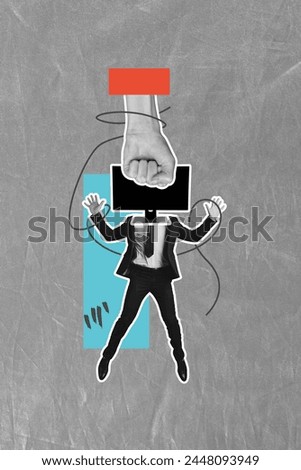 Vertical image collage of anonym businessman instead head computer monitor hand fist kick technology screen isolated on painted background