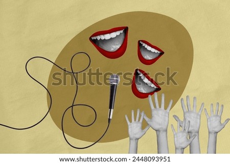Creative picture collage human hands microphone singer karaoke party bar concert celebrity performance raised hands women lips