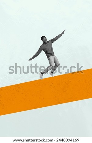 Vertical collage image of impressed speechless black white effect guy stand balancing dancing isolated on creative background