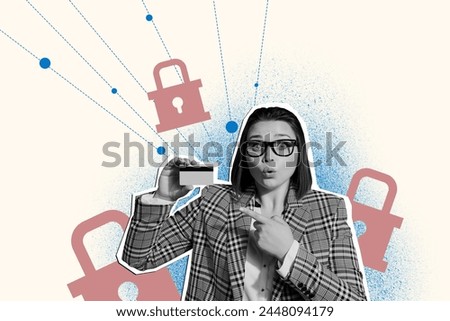 Photo collage picture young amazed shocked woman hold credit bank card lock protection safety restricted access password drawing background