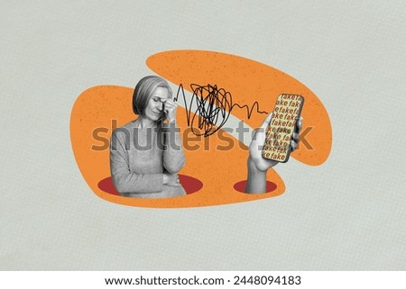 Composite image collage of upset woman headache problem hand hold iphone lie fake propaganda disinformation isolated on painted background
