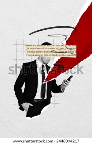 Vertical creative composite illustration photo collage of busy successful man read bad news on smartphone isolated on drawing background