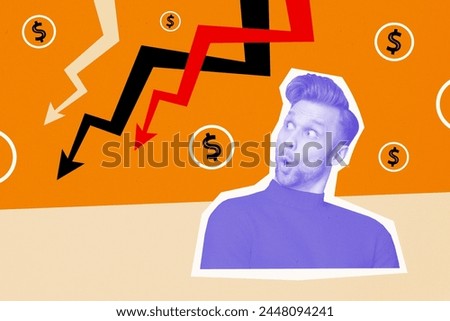 Creative abstract composite photo collage of astonished funny man staring at falling financial market isolated on colorful background