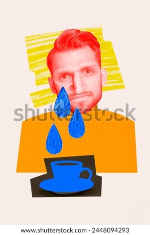 Vertical creative sketch composite photo collage of depressed sad guy crying tears falling in mug of tea isolated on drawing background