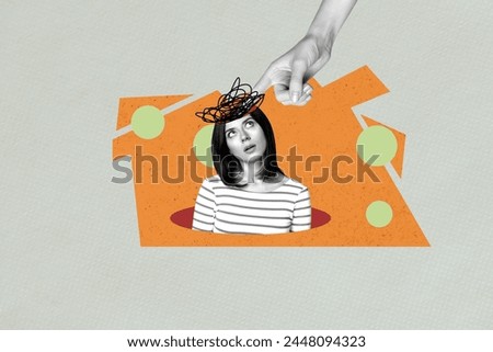 Composite image collage of emotionless girl without brain chaos scribble brainwash finger point propaganda isolated on painted background Royalty-Free Stock Photo #2448094323