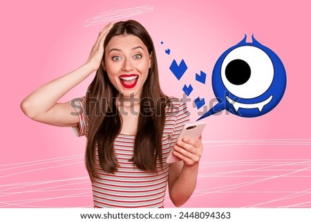 Composite collage picture image of afraid shocked female hold gadget monster face show different mood fantasy billboard comics zine minimal