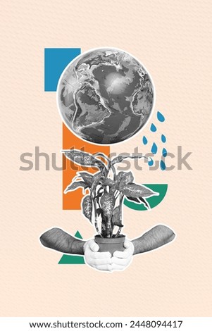 Vertical image collage of earth problem global warming flower pot plant dead rain drop water human hand save isolated on painted background