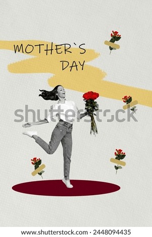 Composite collage picture image of excited happy young female hold roses bouquet celebrate mother day postcard weird freak bizarre unusual