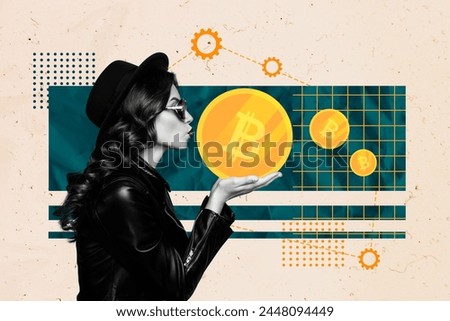 Creative picture collage young stylish woman bitcoin token hold blow lips checkered background setting economy growth drawing background