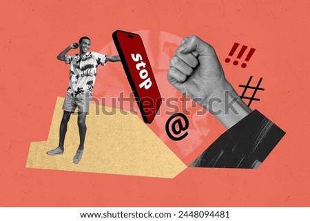 Composite collage picture image of fighting fist attack cyber bullying violence problem concept fantasy billboard comics zine minimal Royalty-Free Stock Photo #2448094481