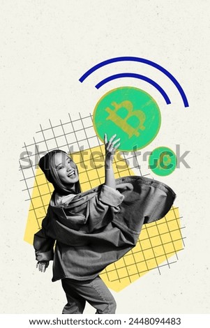 Vertical photo collage young cheerful girl hold bitcoin token virtual currency trader successful investor checkered background