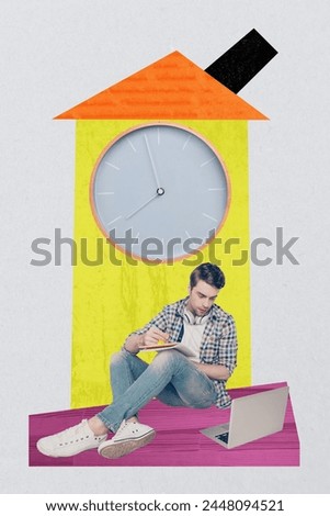 Vertical photo collage picture concentrated young man student writing down laptop online class deadline time management clock